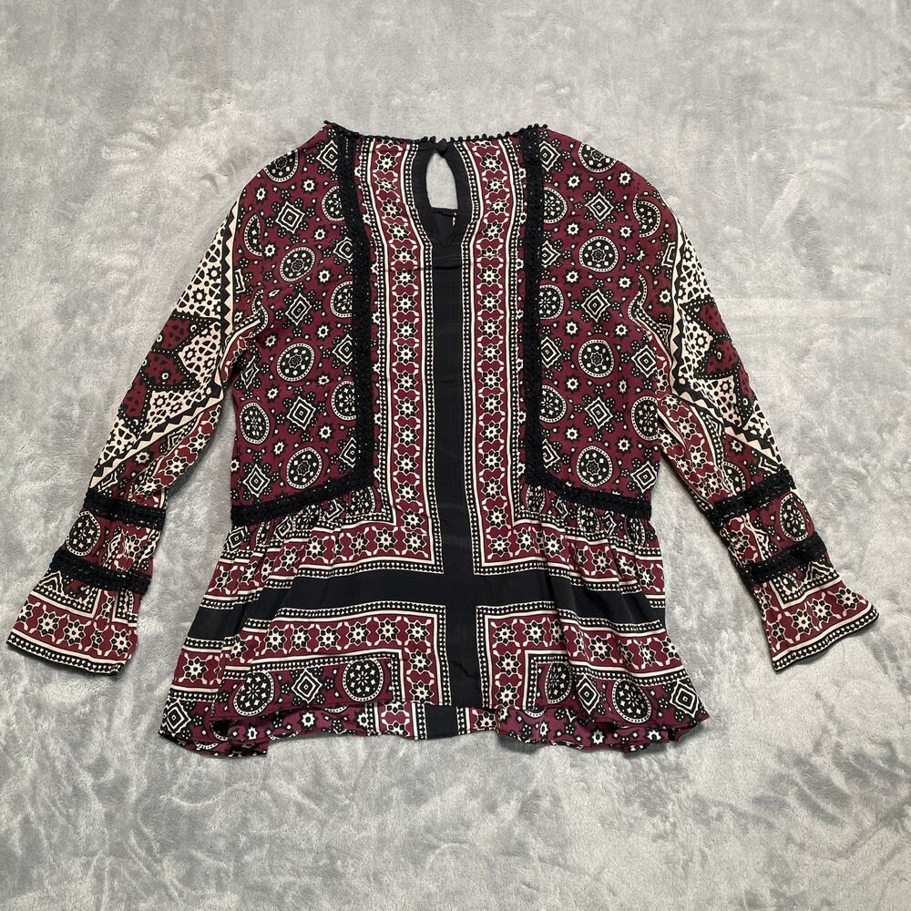 SEA New York Ezri Blouse Womens 4 Silk Blend Floral Boho Peplum Lattice Lace - Picture 2 of 11